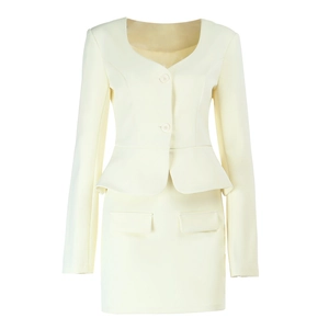 Detail of cream white woven suit set featuring peplum hem blazer and matching mini skirt