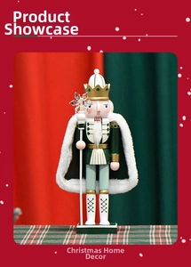 Detailed close-up of a 30cm wooden nutcracker king with a gold crown and white velvet cape