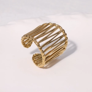 Minimalist wide hollow layered 18k gold plated stainless steel open ring on white background