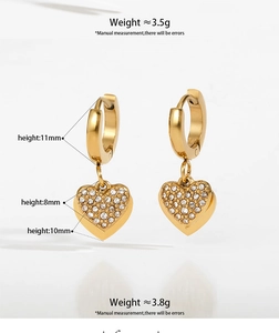 Detailed view of heart-shaped zircon earrings with size specs 11mm and 8mm