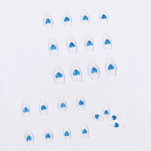 Long coffin press-on nails featuring blue glitter hearts and miniature pearls