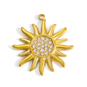 Detail of 18k gold plated sun pendant featuring centered sparkling clear rhinestones