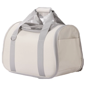 Portable beige pet carrier bag with breathable mesh top and reinforced grey handles