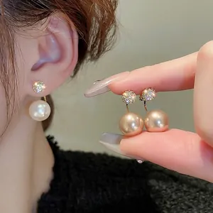 Elegant gold-plated geometric earrings with sparkling zircon studs and round pearl drops