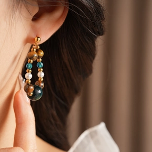 Gros plan de boucles d'oreilles perles et oeil de tigre portées par un mannequin