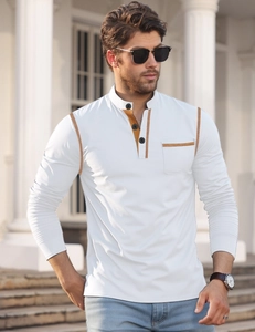 Detail of white long sleeve polo shirt with brown contrast trim and black buttons