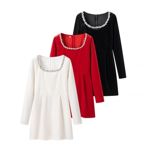 Elegant velvet long sleeve dress collection with beaded neckline in white, red and black