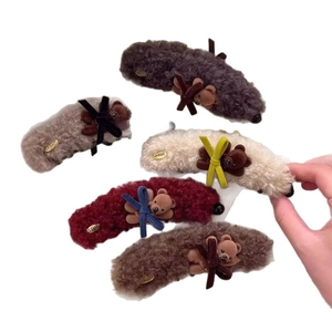 Plush bear hair clips set in five colors with velvet bows and acrylic claw clips