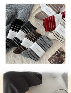 Detail of wool blend striped crew socks in 7 colors with rib-knit texture and paper bands