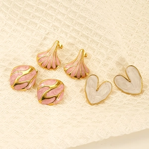 Vintage gold plated stainless steel stud earrings with heart and shell enamel shapes