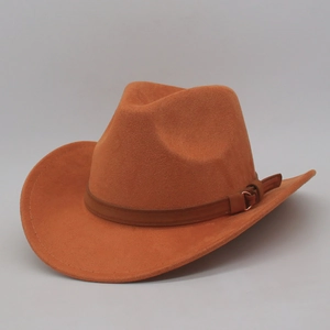 Classic western cowboy hat in orange-brown suede with decorative leather strap buckle