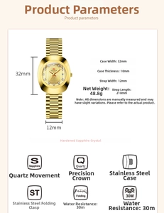 Detailed specifications for women gold watch with 32mm case width and crystal markers