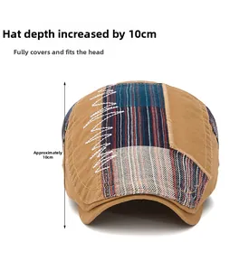 Detail showing the 10cm cap depth of this vintage khaki patchwork newsboy hat