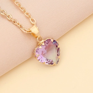Chic gold-plated heart necklace with purple and green gradient crystal pendant for women
