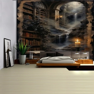 3D gothic library wall tapestry featuring stone arches and mystical waterfall decor