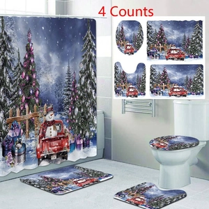 Detail view of the 4-piece Christmas bathroom set including shower curtain and floor mats