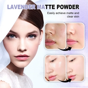 Lavender matte powder for oil control and brightening, shown with a clear before and after effect