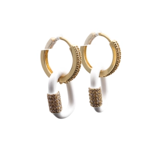 Detail of gold-plated star hoop earrings featuring white enamel links and zircon stones