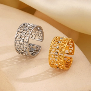 Hollow Geometric Round Open Ring Stainless Steel 18K Gold Plated Cubic Zirconia Adjustable Fashion Jewelry For Women