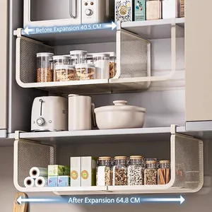 Under Cabinet Hanging Basket Extendable Carbon Steel Kitchen Shelf Organizer Mesh Storage Rack Modern Home