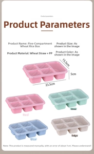 Detailed view of 5-compartment wheat straw lunch box with precise size dimensions