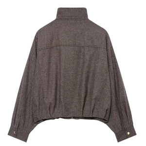 Women's brown herringbone bomber jacket with a high collar and puffed silhouette