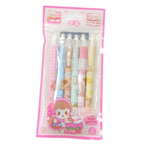 Set of 6 cute cartoon retractable erasable pens with ST tip and crystal blue ink