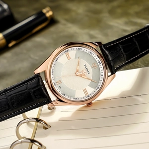 Yazole 416 rose gold quartz watch with white Roman dial and black crocodile leather strap
