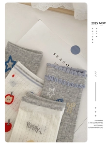 Detail of grey and white knitted socks featuring blue stars and cute dog patterns