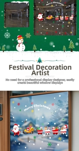 Detailed Christmas window decals featuring Santa, reindeer, and Merry Christmas text decor
