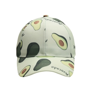 Light green cotton baseball cap featuring avocado print and Avocado text on white background
