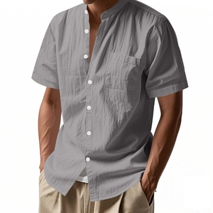 Grey linen casual short sleeve shirt for men with stand collar and front pocket