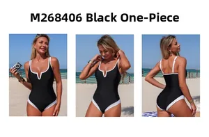 Front and back view of black one-piece swimsuit with white trim and V-neckline detail