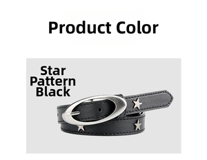 Close-up of black punk belt with silver star studs and oval buckle detail
