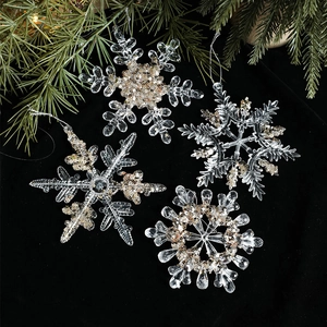 Set of 4 transparent acrylic snowflake ornaments with gold glitter for Christmas decor