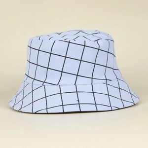Light blue plaid bucket hat for women with a minimalist checkered pattern for sun protection