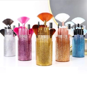 Professional Makeup Brushes With Glitter Transparent Plastic Handle Nylon Bristles Portable Beauty Tools With Storage Case