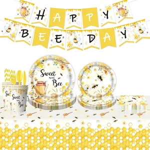 Bee theme party tableware set with Happy Birthday banner and yellow honeycomb table cover