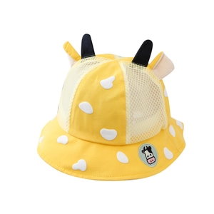 Yellow baby sun hat with mesh panels, cartoon bull horns, and cute cow embroidery detail