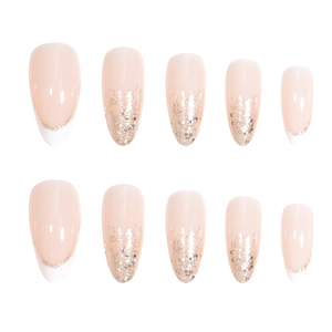 French tip almond press-on nails with white water drops and gold glitter accents