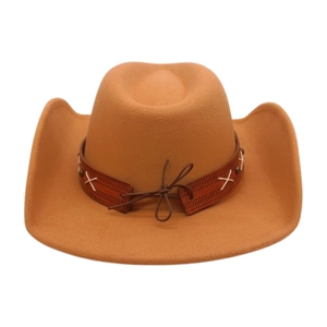 Detail of western cowboy hat featuring a leather band with rivets and stitching accents