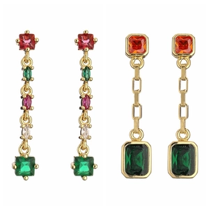 Geometric Tassel Dangle Earrings Copper Gold Plated Colorful Zirconia Drop Jewelry Retro Style For Women Elegant