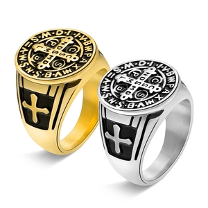 Vintage Saint Benedict exorcism cross signet ring in gold and silver stainless steel