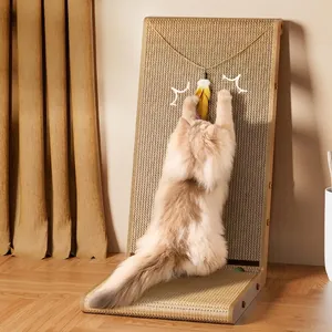 L-shaped corrugated cat scratching post with feather toy in a home setting