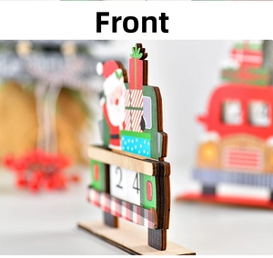 Detail shot of a wooden Christmas truck advent calendar with Santa and tree