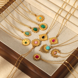 French Vintage Stainless Steel Necklace Gold Plated Natural Stone Sun Geometric Pendant Jewelry For Women Fashion Elegant