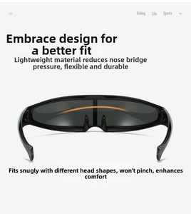 Detail of lightweight wrap-around sports sunglasses showing flexible frame and nose fit