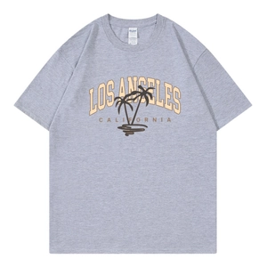 Women's loose grey T-shirt with Los Angeles California surf graphic and palm trees