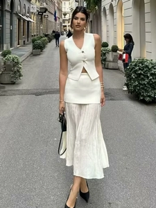 Women's summer white V-neck knit vest and pleated midi skirt set with gold buttons