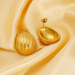 Water Drop Stud Earrings 18K Gold Plated Stainless Steel Spiral Texture Shell Style Minimalist Fashion For Women